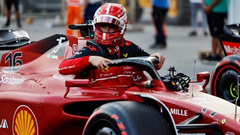 Ferrari driver Charles Leclerc of Monaco celebrates after setting the pole position in the qualifying session at the Baku circuit, in Baku, Azerbaijan, Saturday, June 11, 2022. (Hamad Mohammed, Pool Via AP)