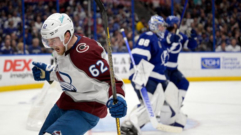 Colorado Avalanche left wing Artturi Lehkonen (62) reacts after scoring on Tampa Bay Lightning goaltender Andrei Vasilevskiy (88) during the second period of Game 6 of the NHL hockey Stanley Cup Finals. (Phelan Ebenhack/AP)