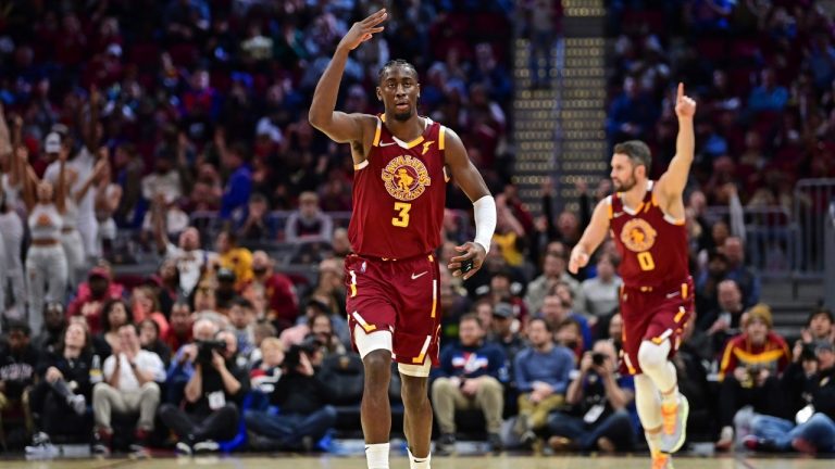 Cleveland Cavaliers guard Caris LeVert celebrates after a 3-point basket in the second half of an NBA basketball game against the Philadelphia 76ers, Sunday, April 3, 2022, in Cleveland. (David Dermer/AP)