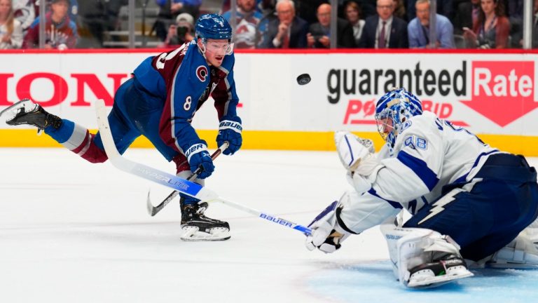 Colorado Avalanche defenseman Cale Makar (8) shoots against Tampa Bay Lightning goaltender Andrei Vasilevskiy (88) during the second period in Game 5 of the NHL hockey Stanley Cup Final, Friday, June 24, 2022, in Denver. (Jack Dempsey/AP)