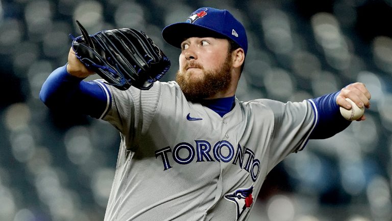 Toronto Blue Jays relief pitcher Matt Gage throws during the ninth inning of a baseball game against the Kansas City Royals Tuesday, June 7, 2022, in Kansas City, Mo. The Blue Jays won 8-0. (Charlie Riedel/AP) 