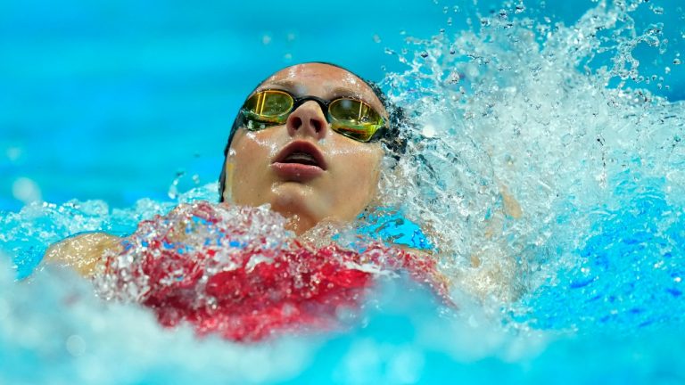 Summer McIntosh from Canada competes during her women's 400m individual medley heat at the 19th FINA World Championships in Budapest, Hungary, Saturday, June 25, 2022. (Petr David Josek/AP)