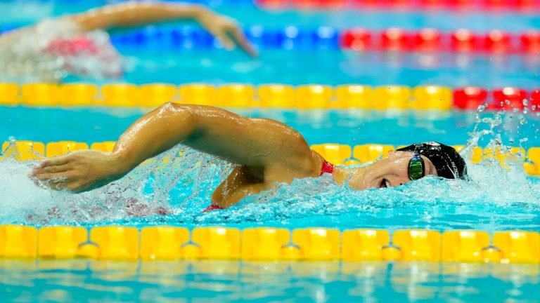 Penny Oleksiak of Canada competes during her women's 200m freestyle heat at the 19th FINA World Championships in Budapest, Hungary, Monday, June 20, 2022. (Petr David Josek/AP)