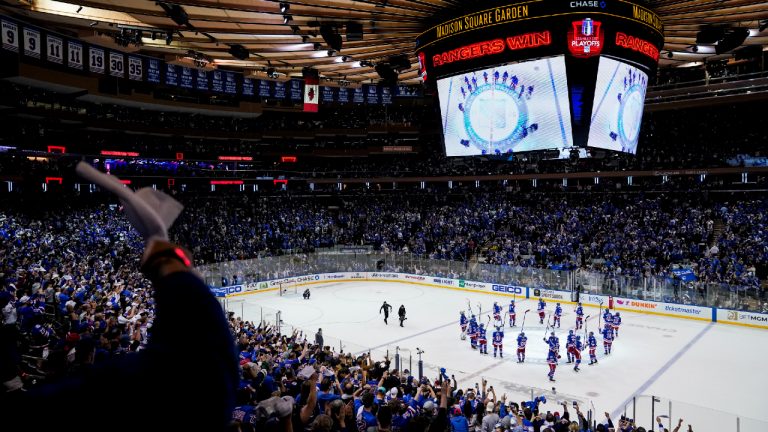 The New York Rangers celebrate after Game 6 of an NHL hockey Stanley Cup second-round playoff series against the Carolina Hurricanes, Saturday, May 28, 2022, in New York. The Rangers won 5-2. (John Minchillo/AP)