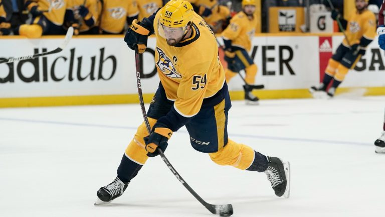 Nashville Predators' Roman Josi (59) shoots against the Colorado Avalanche during the second period in Game 4 of an NHL hockey first-round playoff series Monday, May 9, 2022, in Nashville, Tenn. (Mark Humphrey/AP)