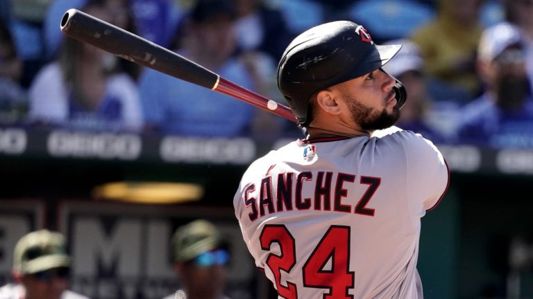 Minnesota Twins' Gary Sanchez bats during the ninth inning of a baseball game against the Kansas City Royals Sunday, May 22, 2022, in Kansas City, Mo. The Twins won 7-6. (Charlie Riedel/AP)