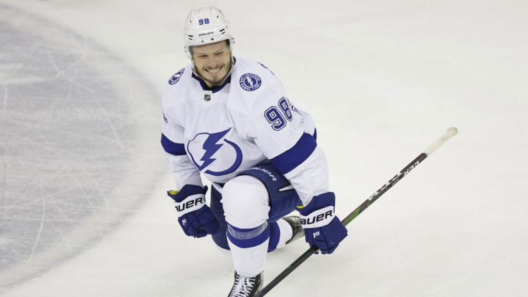 Tampa Bay Lightning defenseman Mikhail Sergachev (98) reacts after scoring a goal against the New York Rangers during the second period in Game 5 of the NHL Hockey Stanley Cup playoffs Eastern Conference Finals. (Adam Hunger/AP)