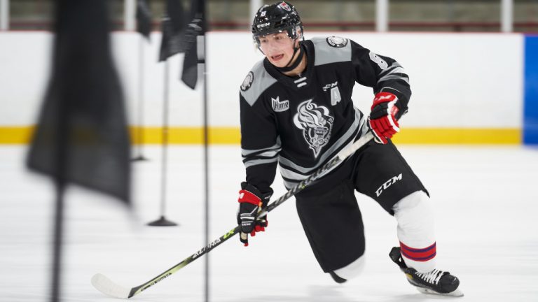 Tristan Luneau of the Gatineau Olympiques skates through drills at the 2022 Kubota CHL/NHL Top Prospects practice in Kitchener, Ont. on Tuesday, March 22, 2022. (Geoff Robins/CP)