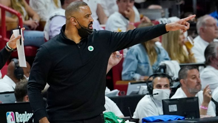 Boston Celtics head coach Ime Udoka gestures during the first half of Game 5 of the NBA basketball Eastern Conference finals playoff series against the Miami Heat, Wednesday, May 25, 2022, in Miami. (Lynne Sladky/AP)