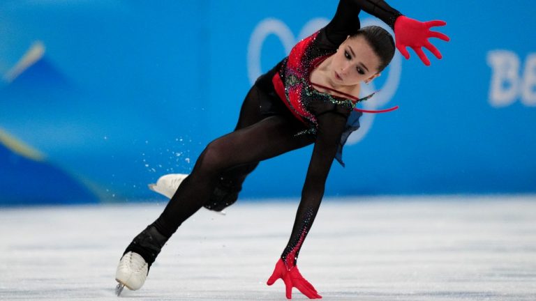 Kamila Valieva, of the Russian Olympic Committee, falls in the women's free skate program during the figure skating competition at the 2022 Winter Olympics, Thursday, Feb. 17, 2022, in Beijing. (AP)