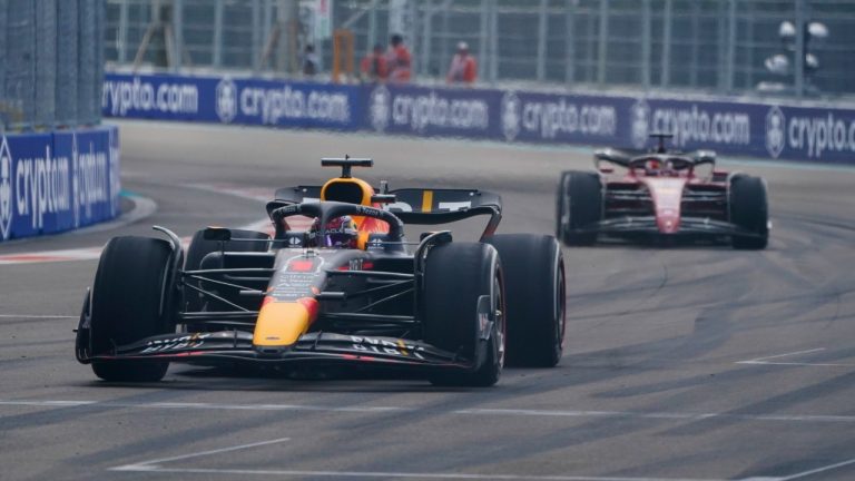 Red Bull driver Max Verstappen of the Netherlands leads Ferrari driver Charles Leclerc of Monaco during the Formula One Miami Grand Prix auto race at the Miami International Autodrome, Sunday, May 8, 2022, in Miami Gardens, Fla. (Wilfredo Lee/AP)