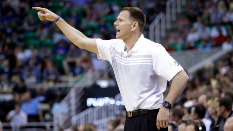 Will Hardy, pictured while being the Boston Celtics summer league coach, shouts to his team during the first half of an NBA summer league basketball game against the Utah Jazz Monday, July 6, 2015, in Salt Lake City. (Rick Bowmer/AP) 