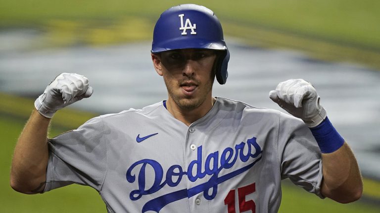 Los Angeles Dodgers' Austin Barnes celebrates a home run during the sixth inning in Game 3 of the baseball World Series against the Tampa Bay Rays Friday, Oct. 23, 2020, in Arlington, Texas. (Eric Gay/AP)