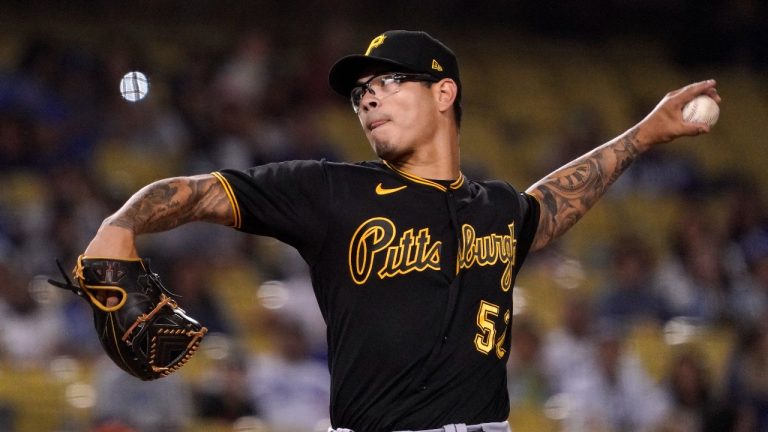 Pittsburgh Pirates relief pitcher Anthony Banda throws to the plate during the ninth inning of a baseball game against the Los Angeles Dodgers Wednesday, June 1, 2022, in Los Angeles. (Mark J. Terrill/AP Photo)