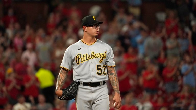 Pittsburgh Pirates relief pitcher Anthony Banda stands on the mound after giving up a three-run home run to St. Louis Cardinals' Dylan Carlson during the sixth inning of a baseball game Monday, June 13, 2022, in St. Louis. (Jeff Roberson/AP)