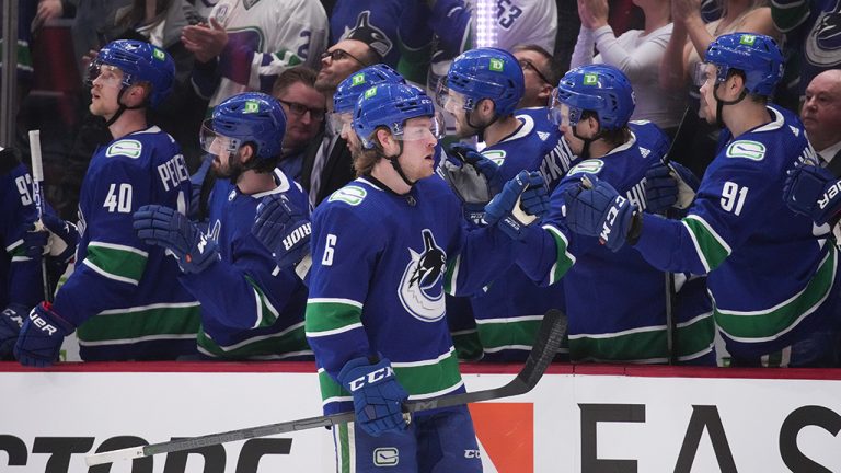 Vancouver Canucks' Brock Boeser celebrates his goal against the Ottawa Senators during the first period of an NHL hockey game in Vancouver, B.C., Tuesday, April 19, 2022. (Darryl Dyck/CP)