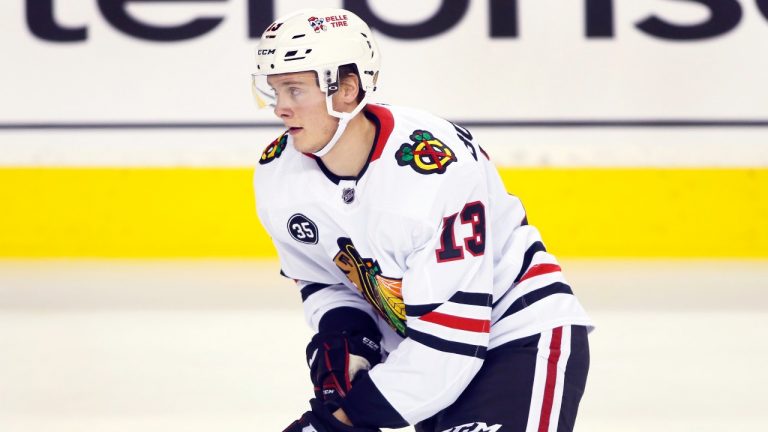 Chicago Blackhawks forward Henrik Borgstrom, from Finland, at a game against the Calgary Flames in Calgary, Alta. on Nov. 23, 2021. (Larry MacDougal/THE CANADIAN PRESS)