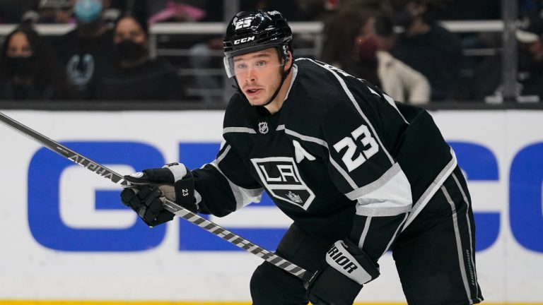 Los Angeles Kings' Dustin Brown goes after the puck during the second period of an NHL hockey game against the Pittsburgh Penguins Thursday, Jan. 13, 2022, in Los Angeles. (Jae C. Hong/AP)