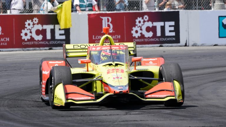 Andretti Steinbrenner Autosport driver Devlin DeFrancesco (29) of Canada competes during an IndyCar auto race at the Grand Prix of Long Beach on Sunday, April 10, 2022, in Long Beach, Calif. (AP Photo/Ashley Landis)