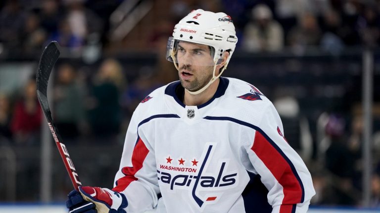 Washington Capitals defenseman Justin Schultz (2) skates to the bench after scoring on New York Rangers goaltender Alexandar Georgiev (40) during the second period of an NHL hockey game, Friday, April 29, 2022, in New York. (AP Photo/John Minchillo)