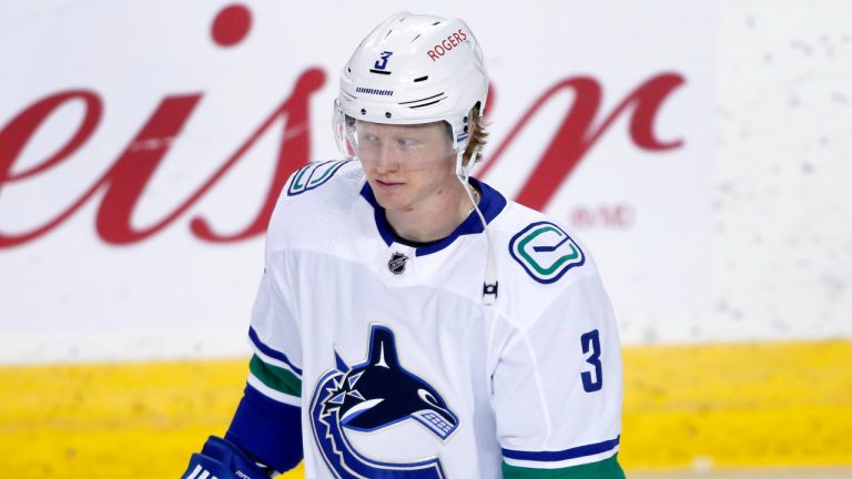 NHL profile photo on Vancouver Canucks player Jack Rathbone at a game against the Calgary Flames in Calgary, Alta. on May 19, 2021. (Larry MacDougal/CP)