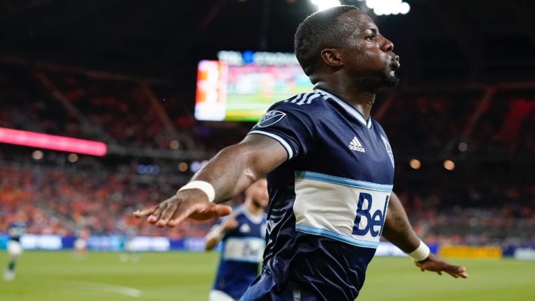 Vancouver Whitecaps forward Cristian Dájome celebrates after scoring a goal during the second half of the team's MLS soccer match against FC Cincinnati on Wednesday, July 13, 2022, in Cincinnati. (Jeff Dean/AP)