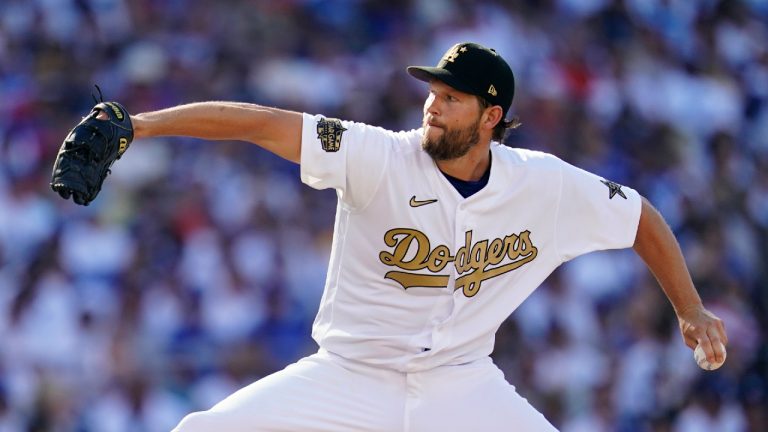 National League starting pitcher Clayton Kershaw, of the Los Angeles Dodgers, throws to an American League batter during the first inning of the MLB All-Star baseball game, Tuesday, July 19, 2022, in Los Angeles. (Abbie Parr/AP)