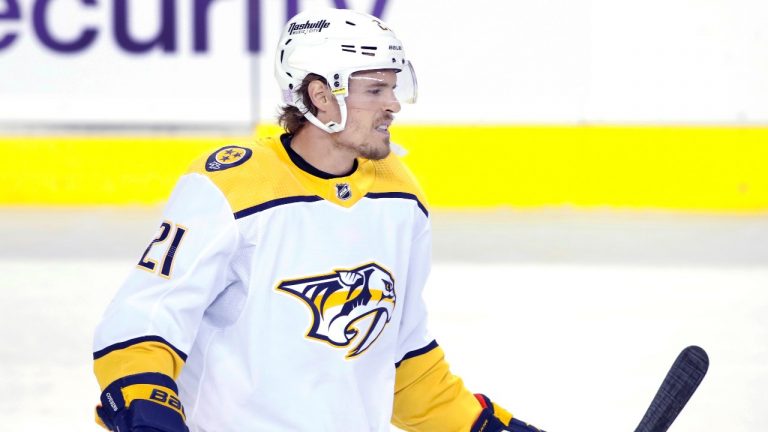 Nashville Predators player Nick Cousins at a game against the Calgary Flames in Calgary, Alta. on Nov. 2, 2021. (Larry MacDougal/THE CANADIAN PRESS)