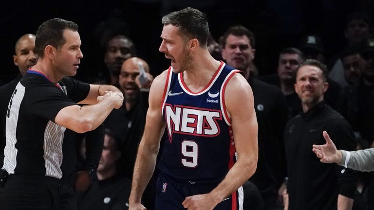 Brooklyn Nets guard Goran Dragic (9) argues with the referee during the first half of Game 4 of an NBA basketball first-round playoff series against the Boston Celtics, Monday, April 25, 2022, in New York. (John Minchillo/AP)