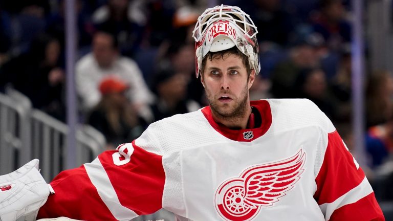 Detroit Red Wings goaltender Thomas Greiss (29) stands in goal during a break in play in the second period of an NHL hockey game against the New York Islanders, Thursday, March 24, 2022, in Elmont, N.Y. (John Minchillo/AP Photo)