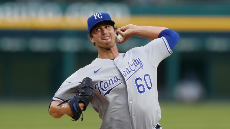 Kansas City Royals relief pitcher Foster Griffin throws during a baseball game against the Detroit Tigers, Monday, July 27, 2020, in Detroit. (Carlos Osorio/AP)