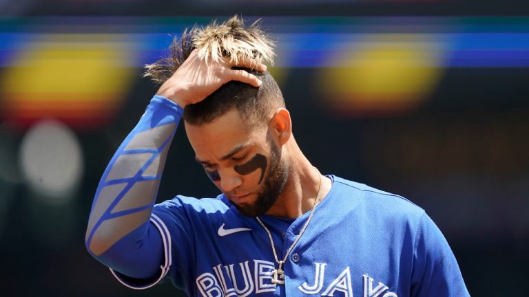 Toronto Blue Jays' Lourdes Gurriel Jr. reacts after he grounded out with a man on base during the first inning of a baseball game against the Seattle Mariners, Sunday, July 10, 2022, in Seattle. The Mariners won 6-5. (Ted S. Warren/AP Photo)