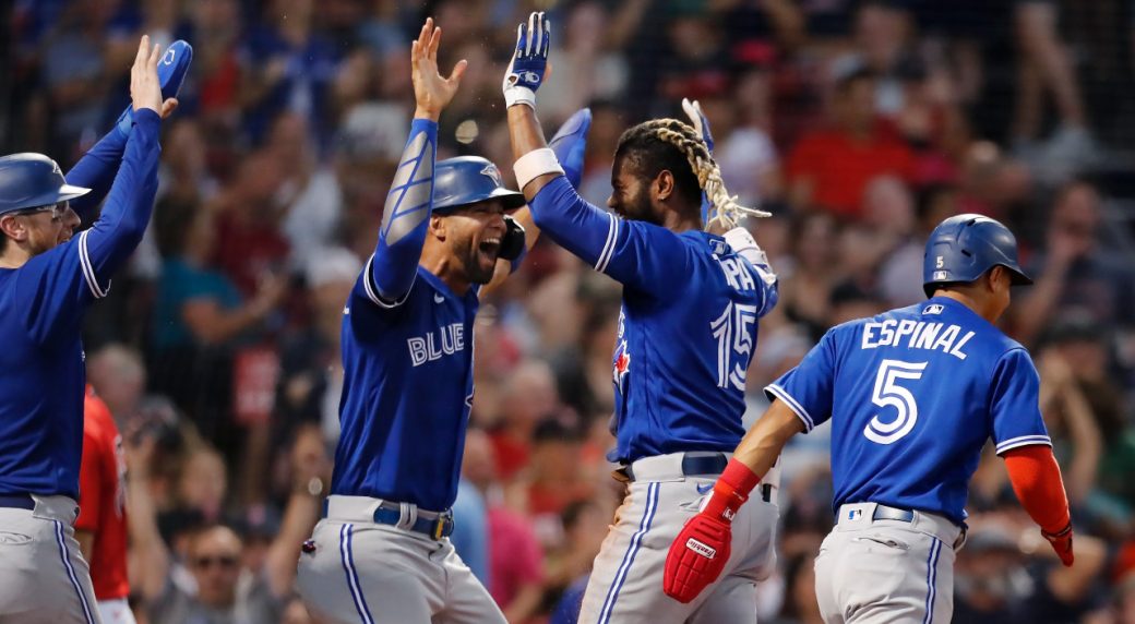 Lourdes Gurriel Jr. #13 of the Toronto Blue Jays leads off second