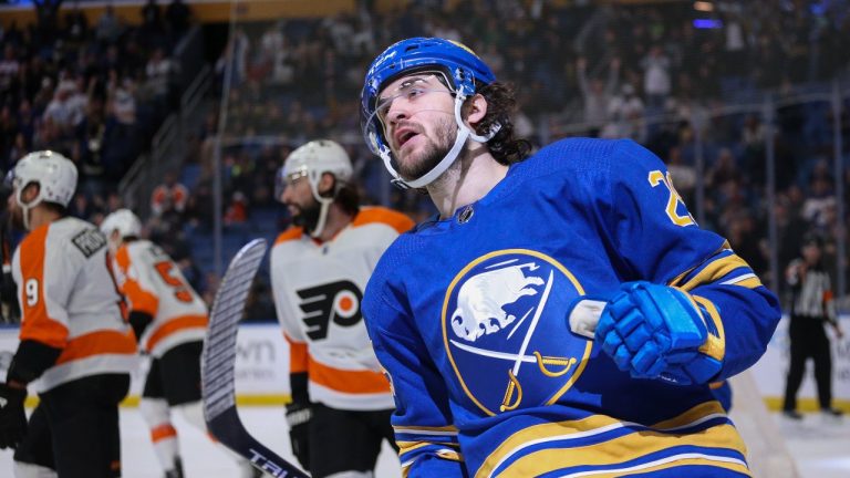 Buffalo Sabres centre Vinnie Hinostroza (29) celebrates his goal during the second period of an NHL hockey game against the Philadelphia Flyers on Saturday, April. 16, 2022, in Buffalo, N.Y. (Joshua Bessex/AP Photo)