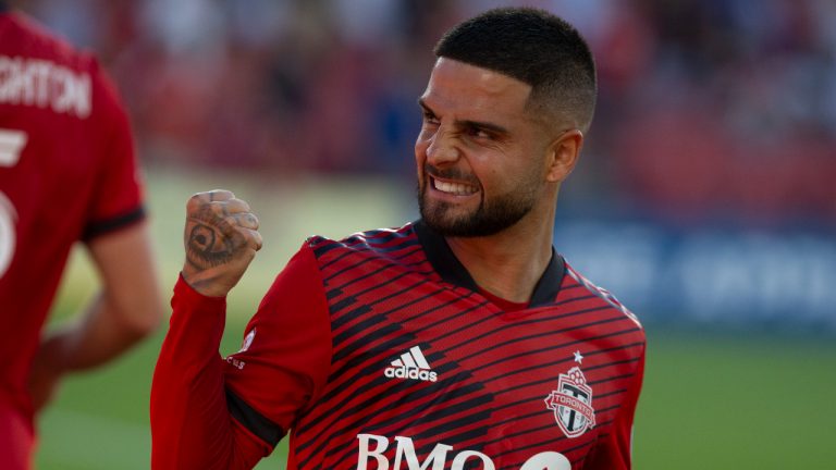 Toronto FC's Lorenzo Insigne celebrates after Michael Bradley scored his team's fourth goal against Charlotte FC during first half MLS action in Toronto on Saturday July 23, 2022. (Chris Young/CP)