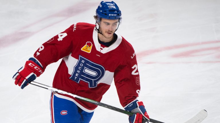 Laval Rocket’s Jake Lucchini skates prior to an AHL hockey game against the Manitoba Moose in Montreal, Saturday, February 27, 2021. (Graham Hughes/CP)