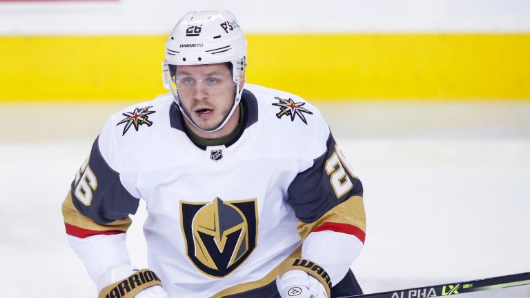 NHL profile photo on Vegas Golden Knights player Mattias Janmark, from Sweden, at a game against the Calgary Flames in Calgary, Alta. on April 14, 2022. (Larry MacDougal/CP)