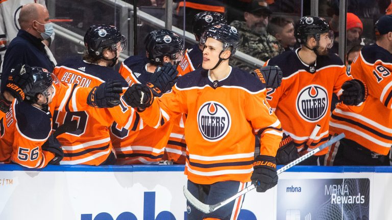 Edmonton Oilers' Jesse Puljujarvi (13) celebrates a goal against the Columbus Blue Jackets during first period NHL action in Edmonton on Thursday, December 16, 2021. (Jason Franson/CP)