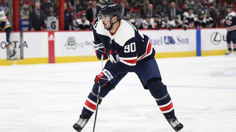 Washington Capitals left wing Marcus Johansson skates with the puck during the first period of the team's NHL hockey game against the St. Louis Blues, Tuesday, March 22, 2022, in Washington. (AP)