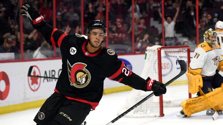 Ottawa Senators right wing Mathieu Joseph (21) celebrates his goal against Nashville. (Justin Tang/CP)