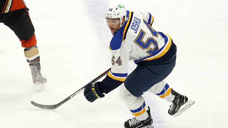 St. Louis Blues centre Dakota Joshua skates during the third period of an NHL hockey game against the Anaheim Ducks. (Mark J. Terrill/AP)