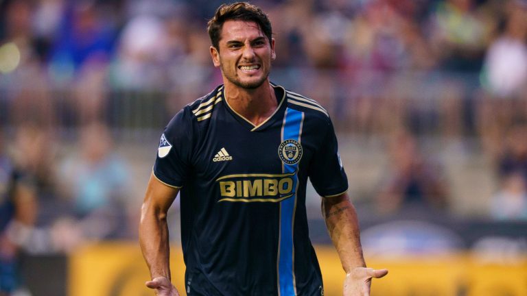 Philadelphia Union's Julian Carranza reacts to his goal against D.C. United during the first half of an MLS soccer match Friday, July 8, 2022, in Chester, Pa. (Chris Szagola/AP)