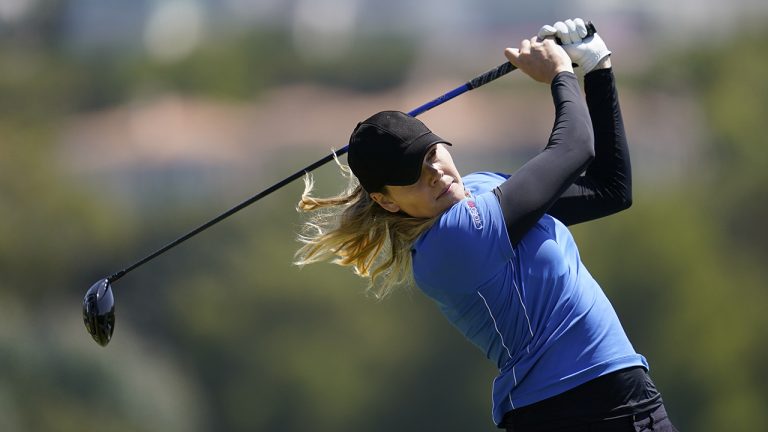 Maude-Aimee Leblanc tees off at the fourth tee during the third round of the LPGA's Palos Verdes Championship golf tournament on Saturday, April 30, 2022, in Palos Verdes Estates, Calif. (Ashley Landis/AP)