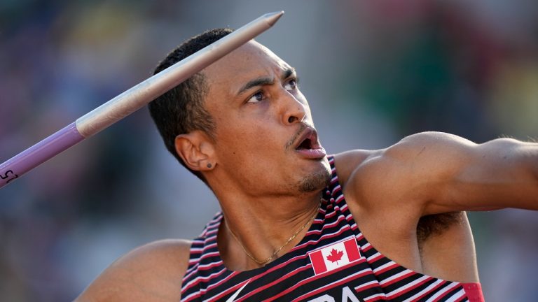 Pierce LePage, of Canada, competes in the decathlon javelin throw at the World Athletics Championships on Sunday, July 24, 2022, in Eugene, Ore. (David J. Phillip/AP Photo)