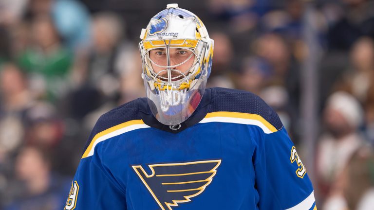 St. Louis Blues goaltender Charlie Lindgren looks on during the first period of an NHL hockey game against the Dallas Stars, Friday, Dec. 17, 2021, in St. Louis. (Arnold J. Ward/AP)