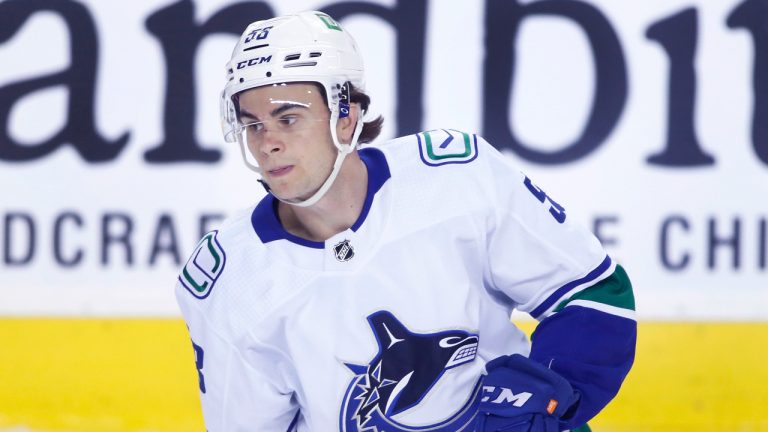 NHL profile photo on Vancouver Canucks player William Lockwood at a game against the Calgary Flames in Calgary, Alta., on April 23, 2022. (Larry MacDougal/CP)