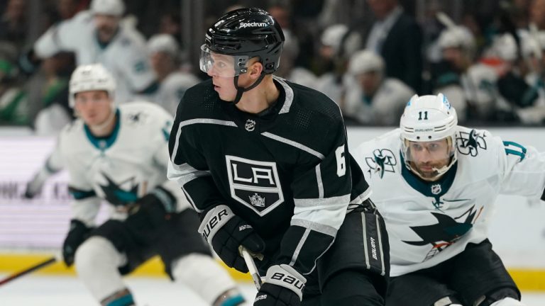 San Jose Sharks cenre Andrew Cogliano (11) defends against Los Angeles Kings defenceman Olli Maatta (6) during the third period of an NHL hockey game Thursday, March 17, 2022, in Los Angeles. (Ashley Landis/AP)