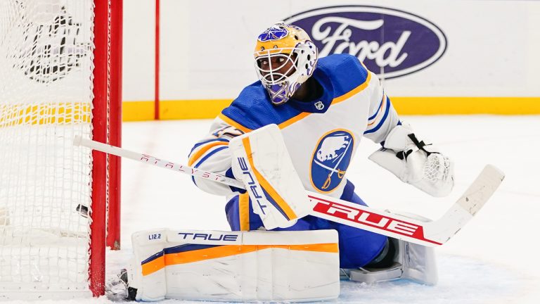 Buffalo Sabres goaltender Malcolm Subban (47) reacts as a puck shot by New York Islanders' Kieffer Bellows gets past him for a goal during the second period of an NHL hockey game Thursday, Dec. 30, 2021, in Elmont, N.Y. (Frank Franklin II/AP)