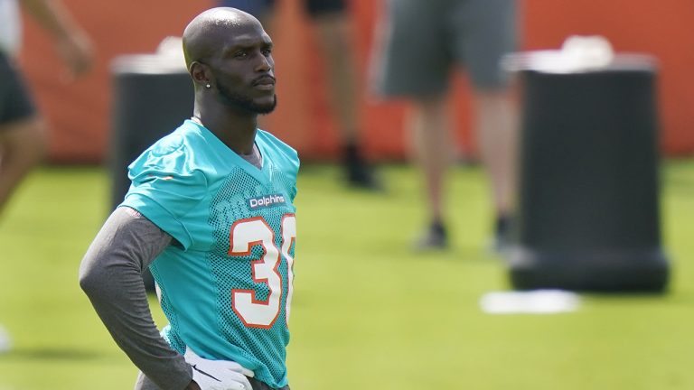 Miami Dolphins defensive back Jason McCourty looks on during NFL football practice, Friday, June 4, 2021, at the team’s training facility in Davie, Fla. (Wilfredo Lee/AP)