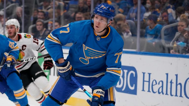 St. Louis Blues' Niko Mikkola (77) looks to pass during the first period of an NHL hockey game against the Chicago Blackhawks Saturday, Oct. 30, 2021, in St. Louis. (Jeff Roberson/AP)